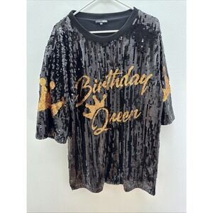Fashion Nova Black Sequin Birthday Queen Top One Size Gold Crowns Party Glam